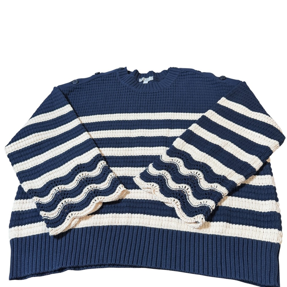 J. Crew Womens Striped Sweater Button Shoulder‎ Sz XL Fisherman Quiet Luxe Beach - Picture 4 of 7